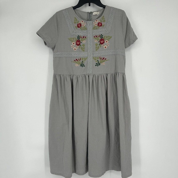 Roolee Dresses & Skirts - Roolee Madeline Jean Gray Gauzy Dress Floral Embroidered Short Sleeve Size XL